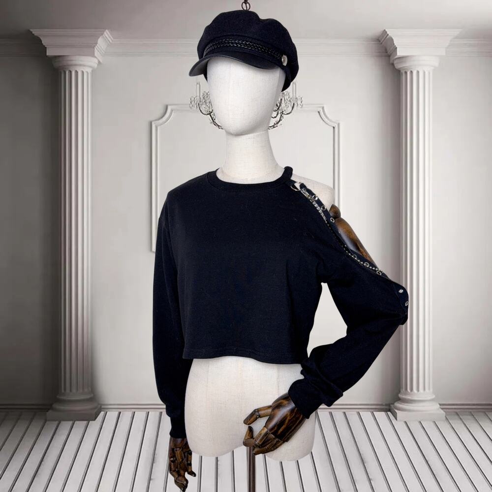 Women's One Shoulder Long Sleeve Crop Top (Black M)